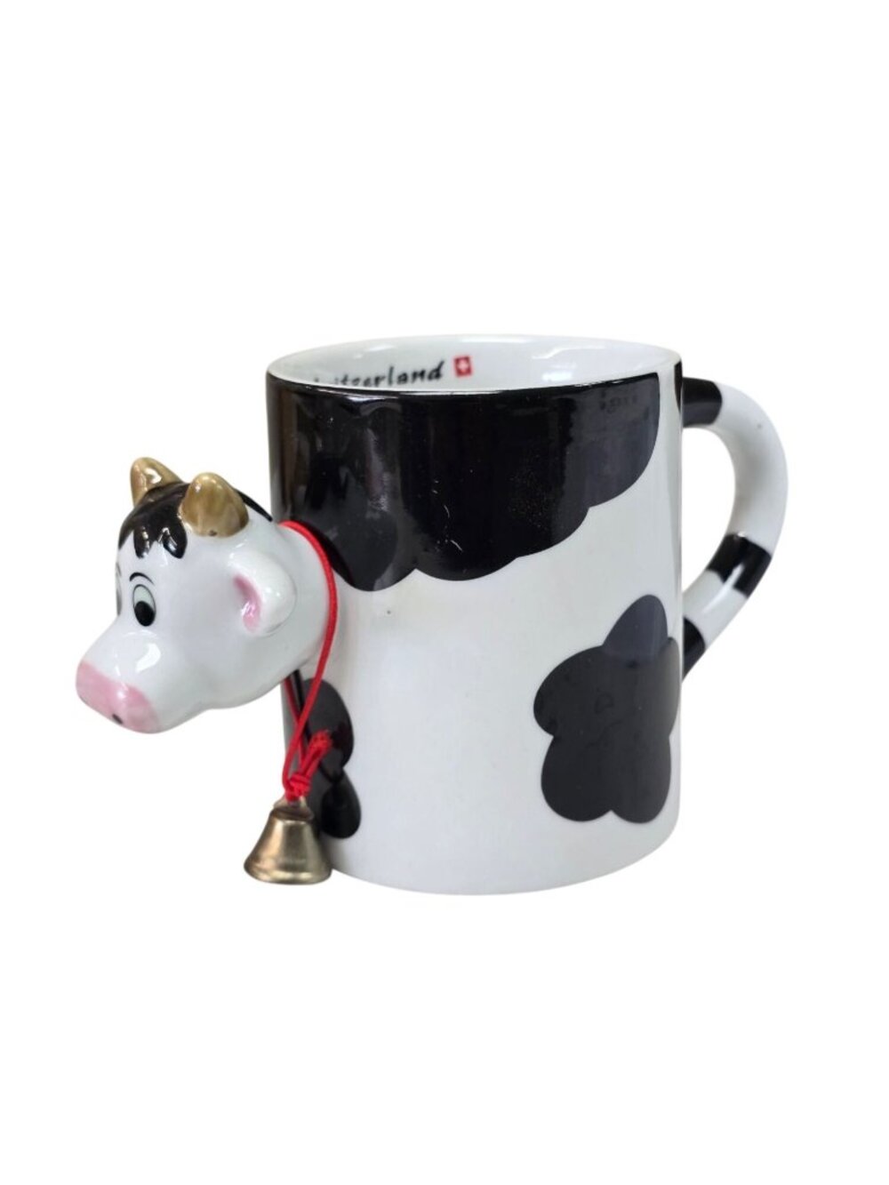 Cow Themed Ceramic Coffee Mug Cup with Bell Black White Design Switzerland